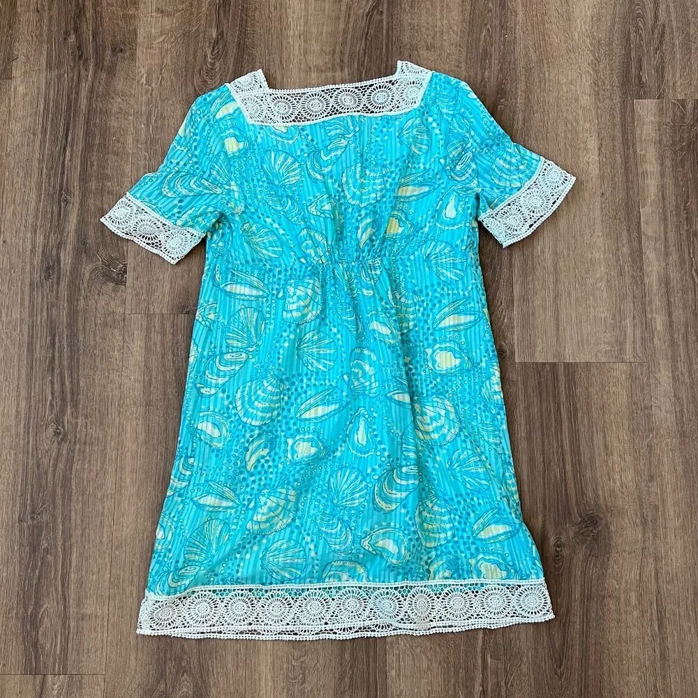 Lilly Pulitzer Aqua Seashell Print Crochet Lace Dress Sz S